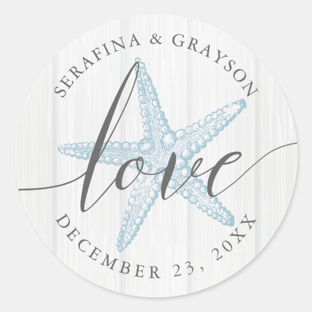 Starfish Love Rustic Wood Blue Beach Wedding Favou Classic Round Sticker (Front)