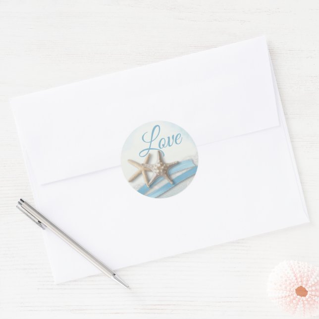 Starfish Love Sky Blue Ribbon and Lace Classic Cla Round Sticker (Envelope)