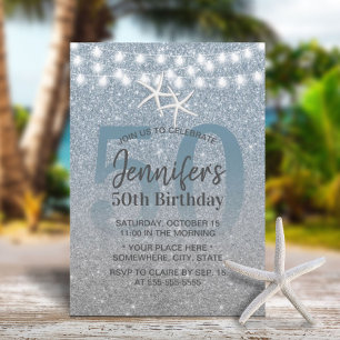 Starfish Modern Dusty Blue Glitter 50th Birthday Invitation
