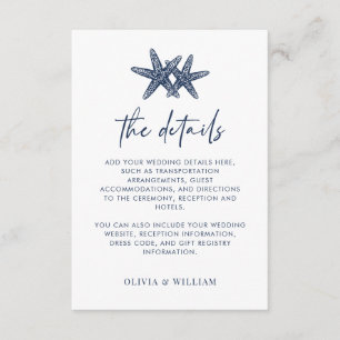 Starfish Modern Navy Blue Beach Wedding Details Enclosure Card