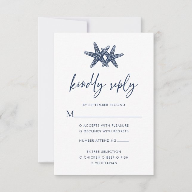 Starfish Modern Navy Blue Beach Wedding RSVP Card (Front)