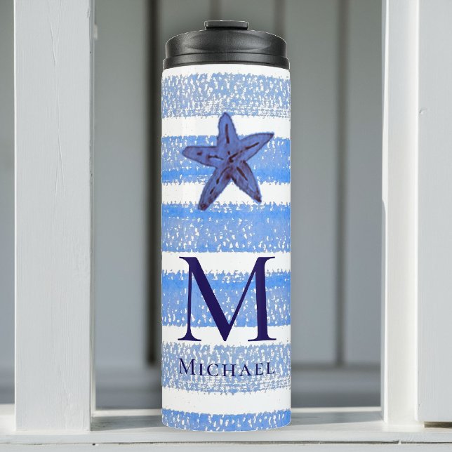 Starfish Monogram Beach Nautical Stripe Watercolor Thermal Tumbler (boy tumbler personalized monogram starfish sea blue stripes nautical ocean grandchild baby gift)