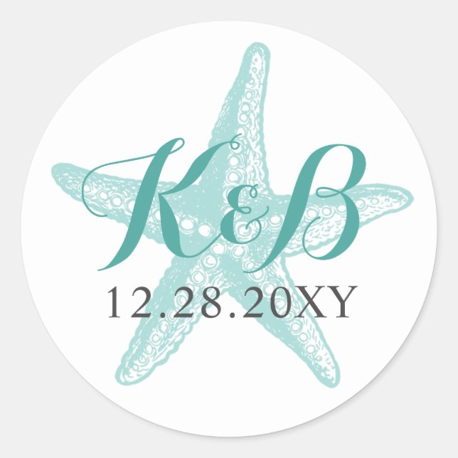 Starfish Monogram Beach Wedding Seal Sticker (Front)