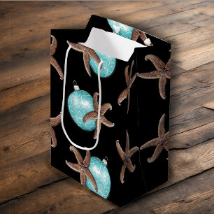 Starfish n Aqua Ornaments Black Christmas Medium Gift Bag