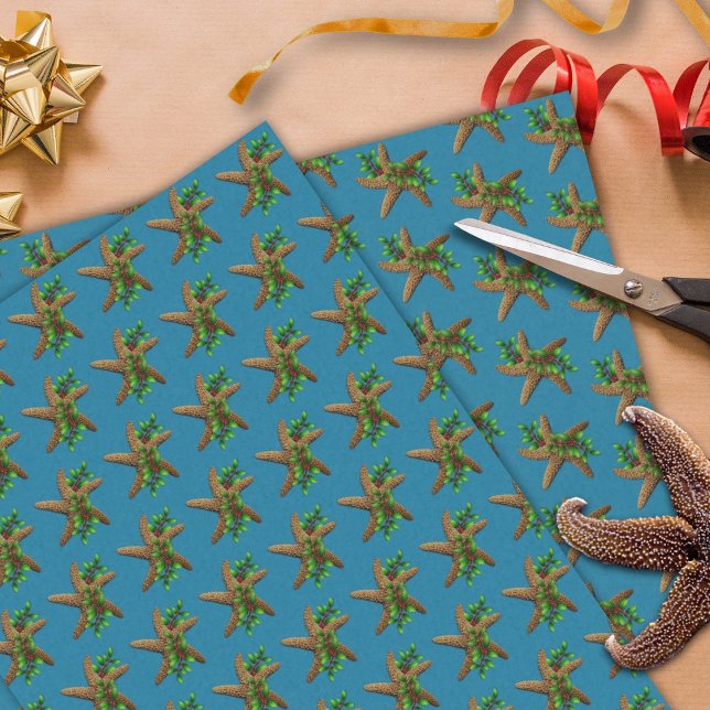 Starfish n Holly Deep Sea Blue Beach Christmas Tissue Paper (Creator Uploaded)