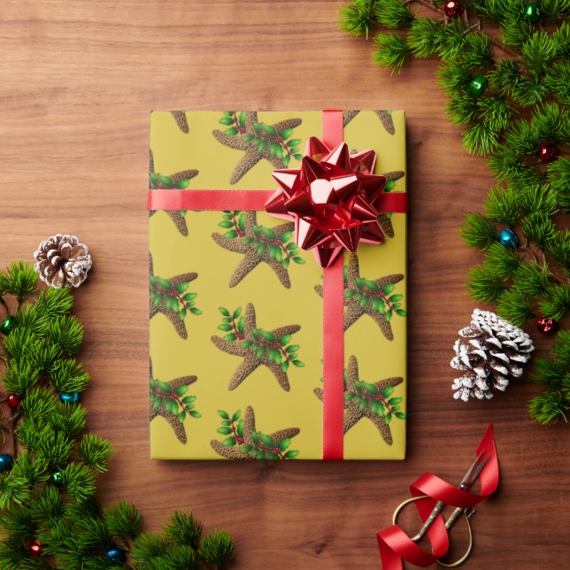 Starfish n Holly Gold Beach Christmas Wrapping Paper (Holiday Gift)