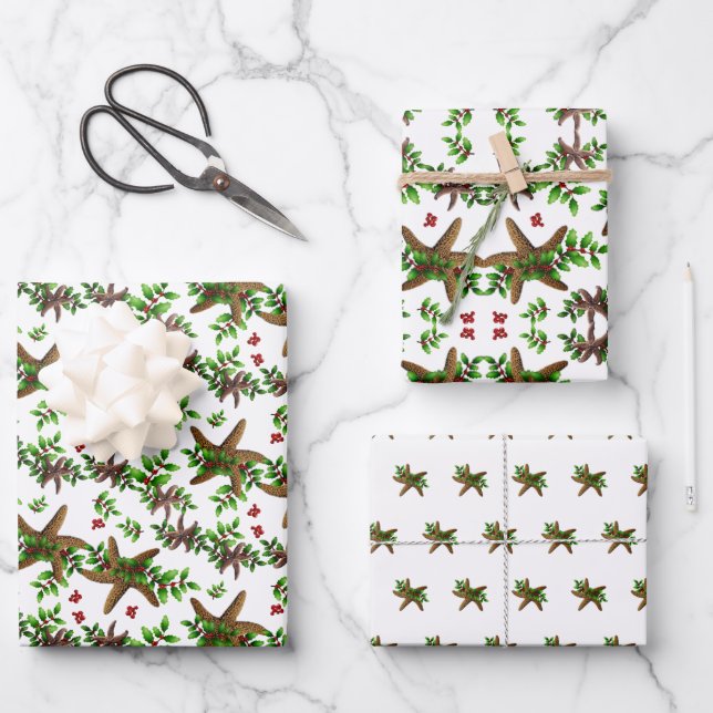 Starfish n Holly Tropical Christmas Pattern White Wrapping Paper Sheet (Front)