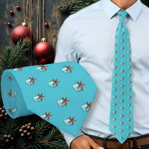 Starfish n Ornament Aqua Blue Christmas Tie