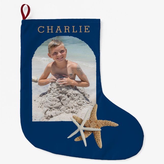 Starfish Navy Blue Photo Christmas Stocking (Front)