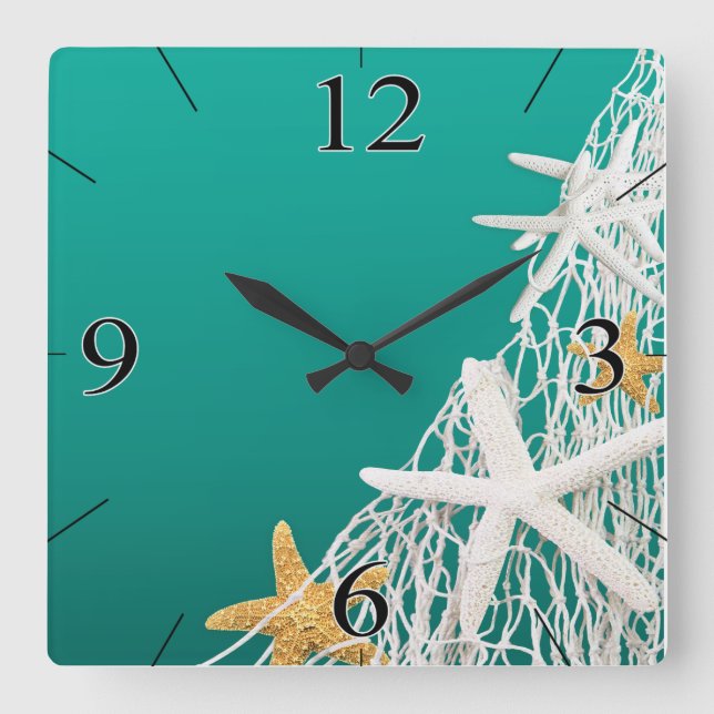 Starfish Netting Beach Coastal Living | aqua Square Wall Clock (Front)
