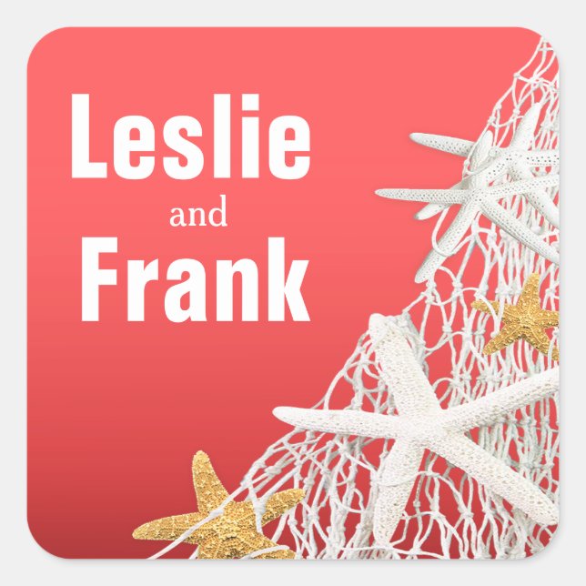 Starfish Netting Beach Wedding Favour | coral Square Sticker (Front)