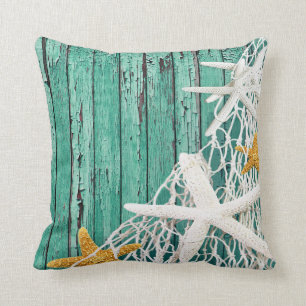 Starfish Netting Beach Wood   aqua Cushion