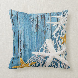 Starfish Netting Beach Wood   blue Cushion