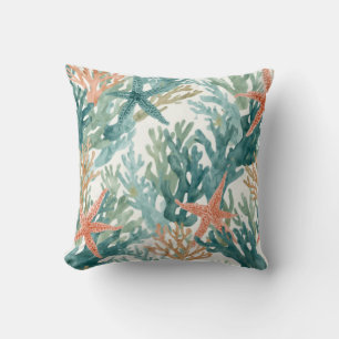 Starfish Ocean Coral Sealife Teal Orange Cushion