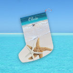 Starfish Ocean Double-Sided With Name<br><div class="desc">Tropical themed Christmas stocking, printed on both sides with a beach scene and big starfish. Choose to hang facing right or left, and use the name template accordingly. Delete the name sample not needed, or put the same name on both sides. Turquoise sea water and beach sand cover both sides....</div>