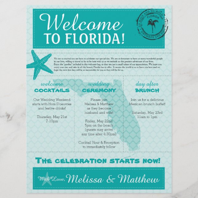 Starfish Ocean Teal Florida Wedding Welcome Letter (Front)