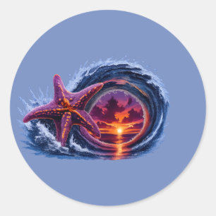 Starfish Ocean Wave Sunset Design   Tropical Coast Classic Round Sticker