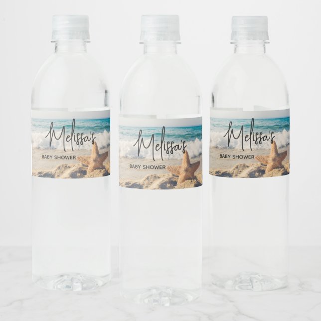 Starfish on a Sandy Beach Photograph Baby Shower Water Bottle Label (Bottles)