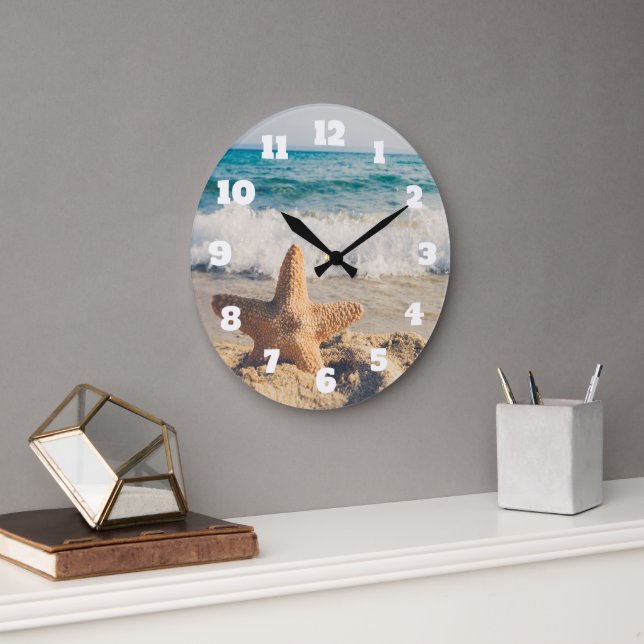 Starfish on a Sandy Beach Photograph Large Clock (Office)