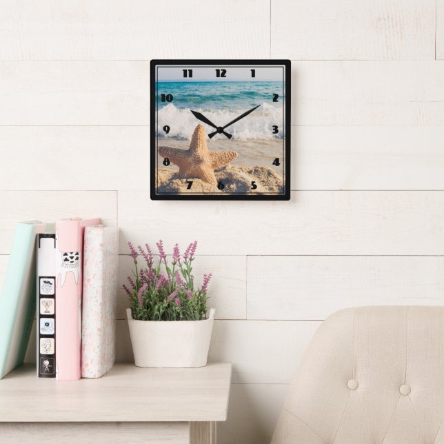 Starfish on a Sandy Beach Photograph Square Wall Clock (Reading Room)