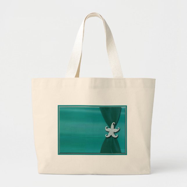Starfish on aqua ribbon with silver trim large tote bag (Front)