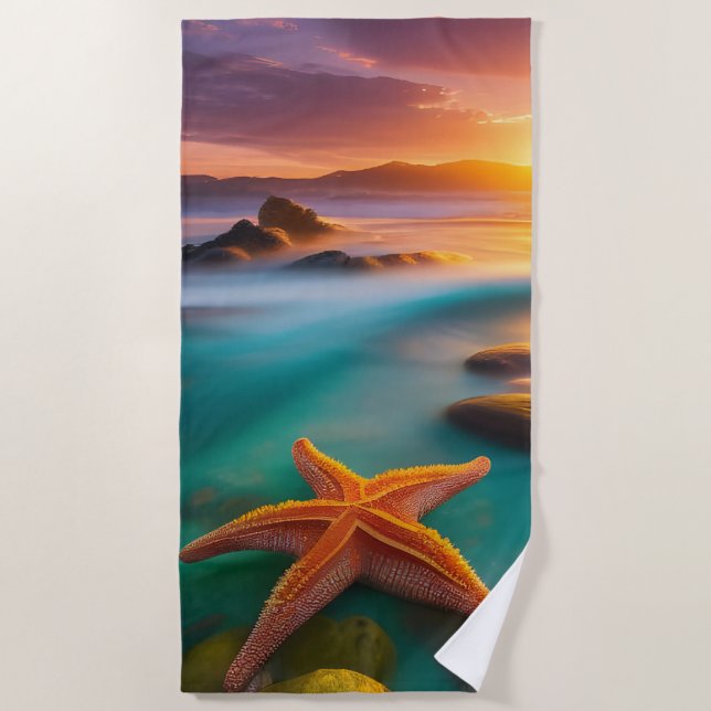 Starfish on beach at Dawn   Beach Towel (Front)