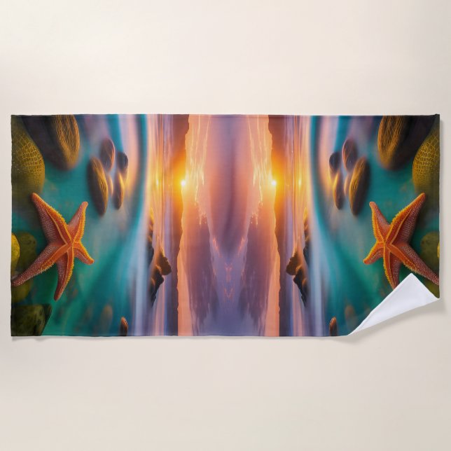Starfish on beach at Dawn  Beach Towel (Front)