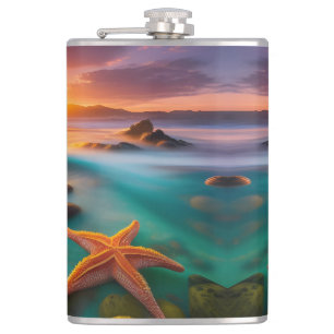 Starfish on beach at Dawn Hip Flask