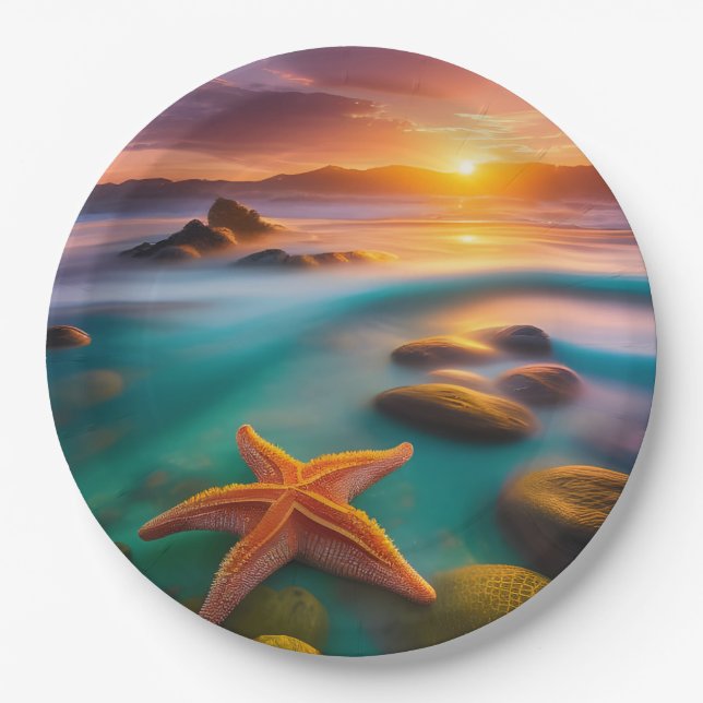 Starfish on beach at Dawn  Paper Plate (Front)
