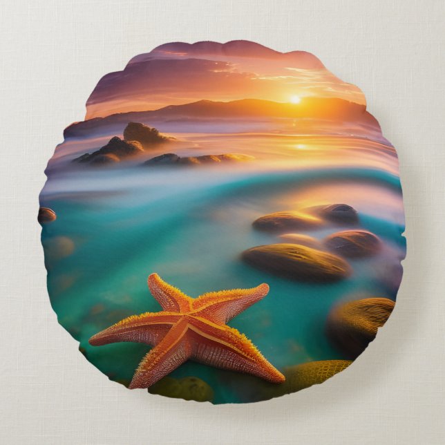 Starfish on beach at Dawn Round Cushion (Front)