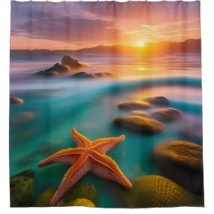 Starfish on beach at Dawn Shower Curtain