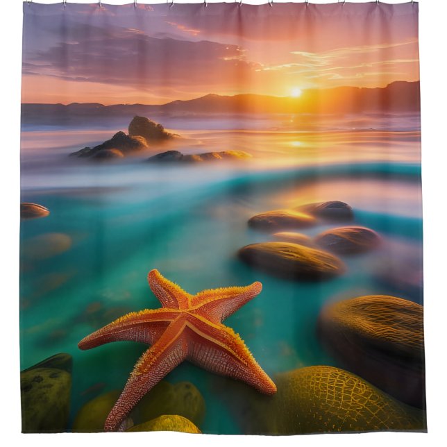 Starfish on beach at Dawn   Shower Curtain (Front)