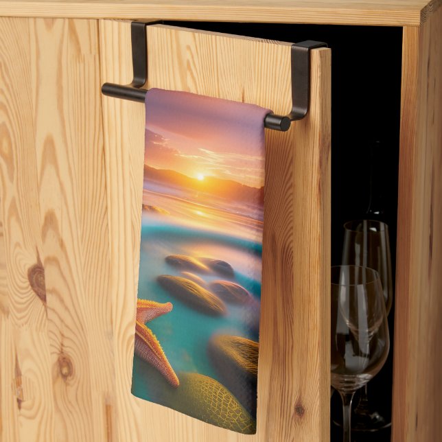 Starfish on beach at Dawn  Tea Towel (Thirds Fold)