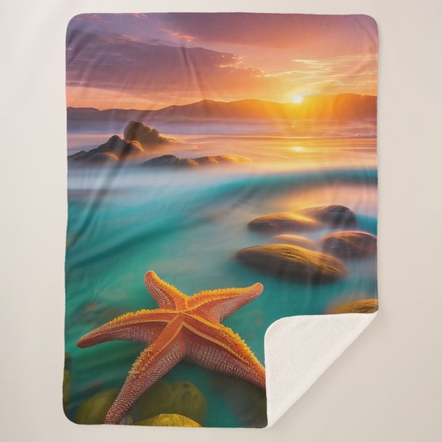 Starfish on Beach at Sunrise Sherpa Blanket (Front)
