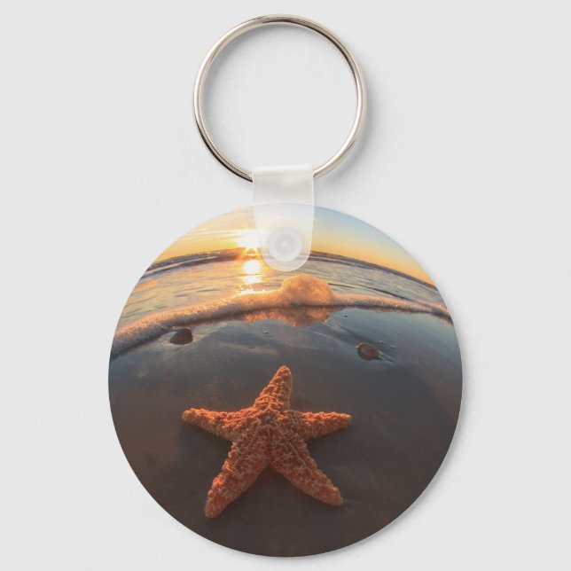 Starfish on Beach at Sunset Key Ring (Front)