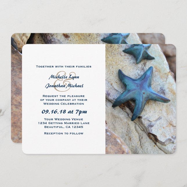 Starfish on Rocks Seashore Beach Wedding Invitation (Front/Back)