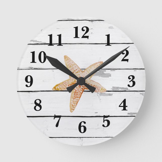 Starfish Painting Beach Shiplap Rustic Decor Round Clock (Front)