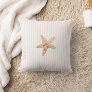 Starfish Painting Pink Stripe Ocean Beach House Cushion