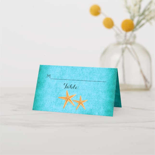 Starfish pair and veil beach wedding folded escort place card (Front)