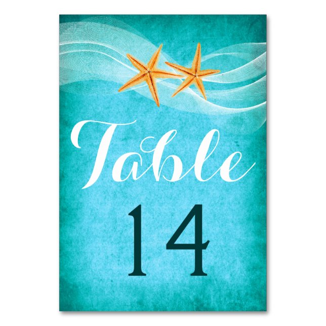 Starfish pair and veil beach wedding table number (Front)