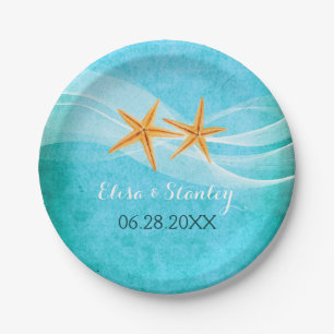 Starfish pair and veil turquoise beach wedding paper plate