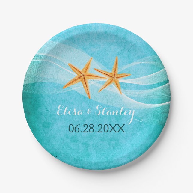 Starfish pair and veil turquoise beach wedding paper plate (Front)