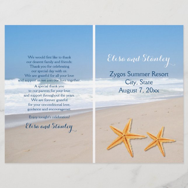Starfish pair destination beach wedding program (Front)