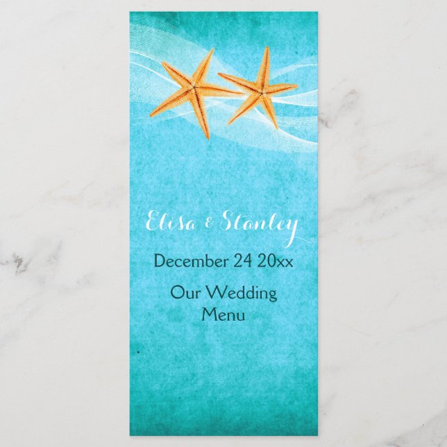 Starfish pair & veil beach wedding menu card (Front)