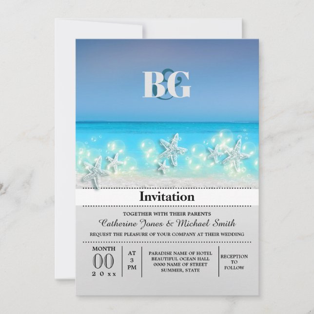 Starfish paradise blue waters tropical beach invitation (Front)