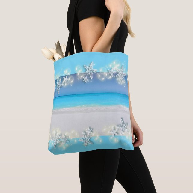 Starfish paradise blue waters tropical bridal tote bag (Close Up)