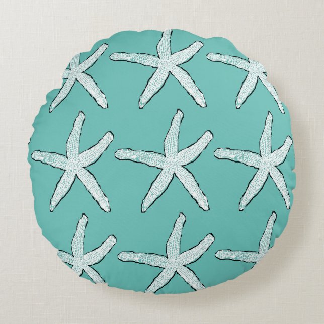Starfish Pattern Beach Coastal Teal Blue Christmas Round Cushion (Front)