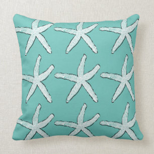 Starfish Pattern Beach Coastal Teal Blue Cotton Cushion