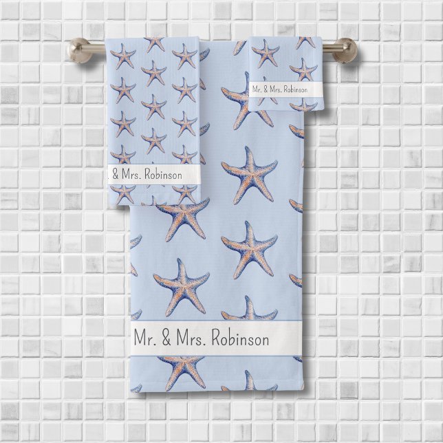 Starfish Pattern Beach House Custom Couple Name Bath Towel Set (Creator Uploaded)