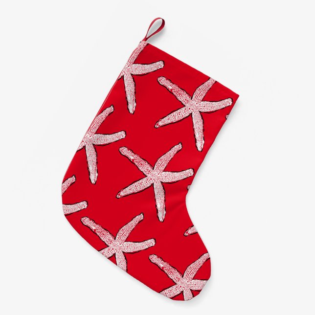 Starfish Pattern Beach Red White Christmas 2020 Small Christmas Stocking (Front (Hanging))